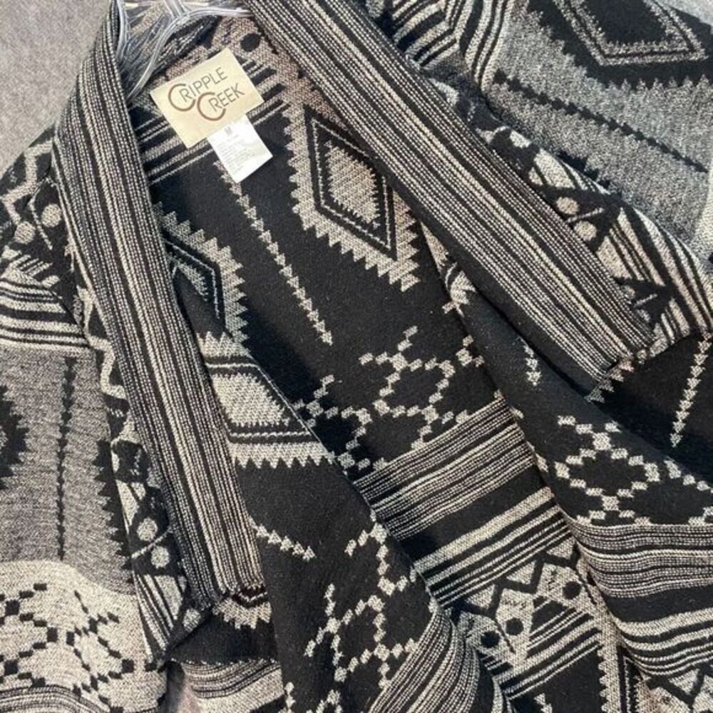 Cripple Creek M Open Waterfall Front Cardigan‎ Sweater Jacket Black Aztec Tribal